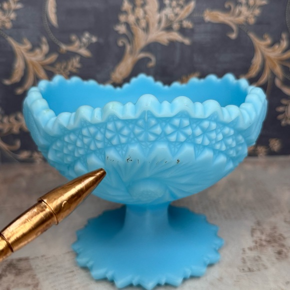 Vintage Fenton Blue Satin Glass Pedestal Compote Bowl Signed Estate - Picture 5 of 11